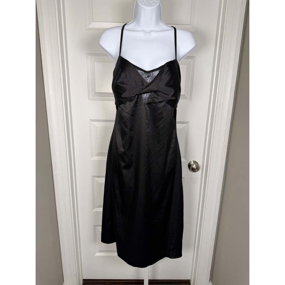 GUESS Lace-Trim Slip Dress Black Satin Midi Y2K Minimalist Wedding Guest - Picture 3 of 8